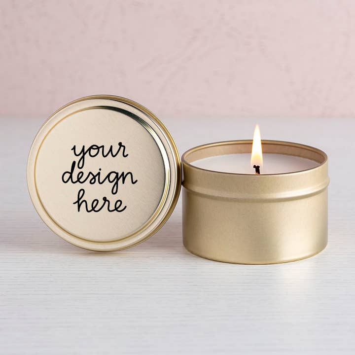 Custom Gold 4oz Travel Tin Candle- Handmade for wholesale by Prosperity Candle