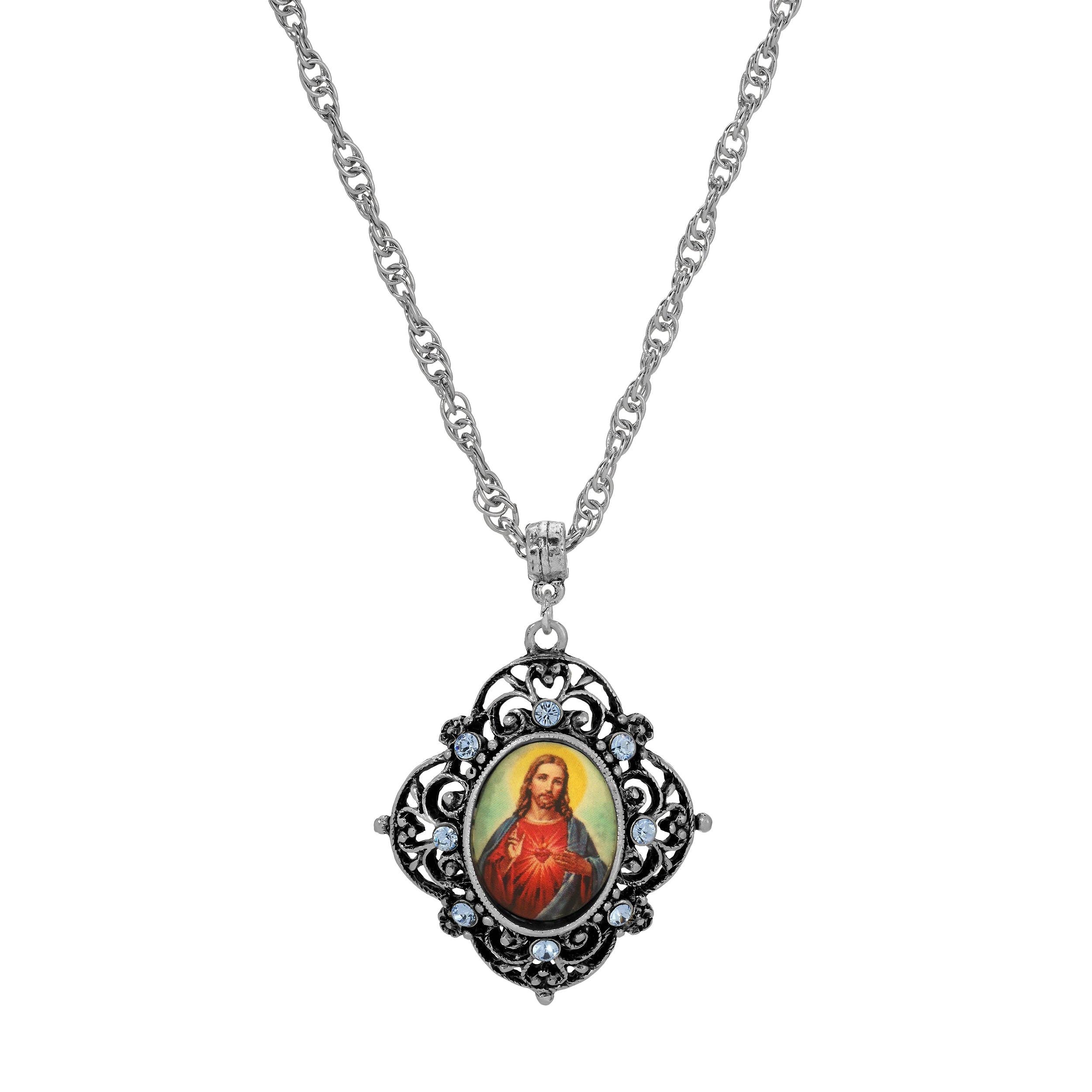 Silver Tone And Multicolor Symbols Of Faith Jesus Sacred Heart Blue Crystal Pendant Necklace 18" for wholesale on Faire0