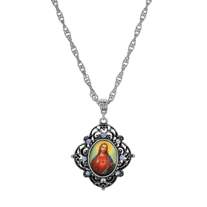 Silver Tone And Multicolor Symbols Of Faith Jesus Sacred Heart Blue Crystal Pendant Necklace 18" for wholesale on Faire