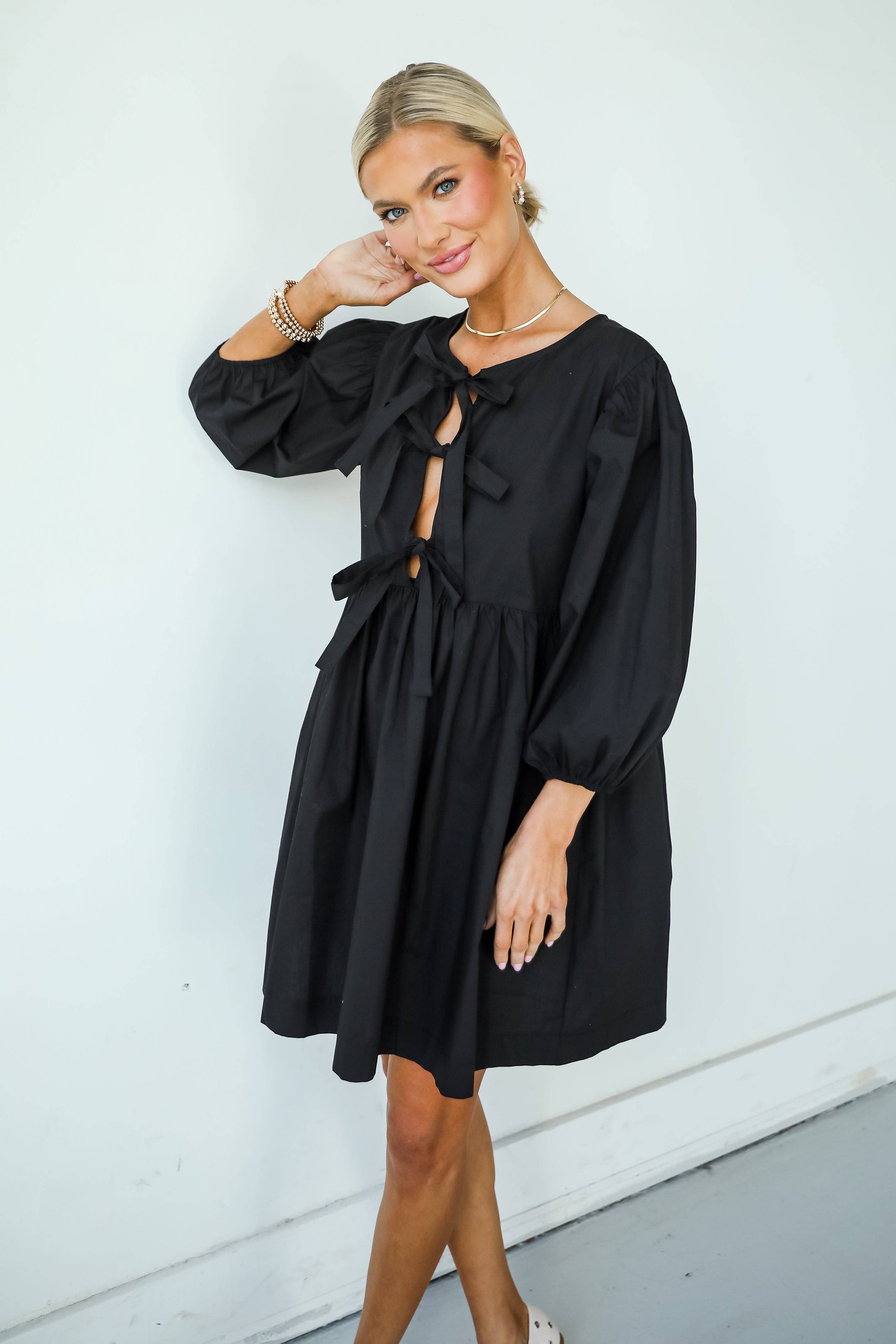 Cute Definition Black Bow Babydoll Mini Dress for wholesale on Faire4