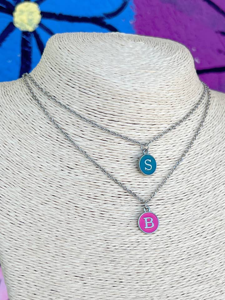 CLOSEOUT Teal/Pink Initial Necklace for wholesale by Briano Wholesale
