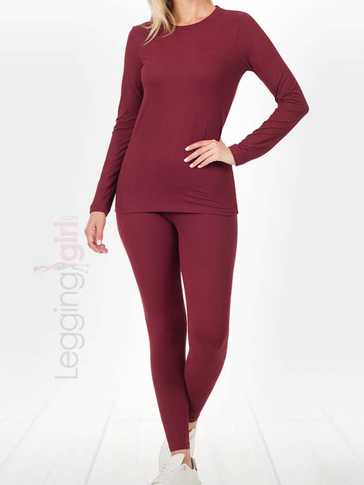 Microfiber Round Neck Top & Leggings Set - Burgundy for wholesale by LeggingGirl.com