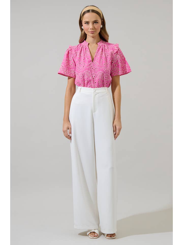 Fuschia Rosie Eyelet Mei Split Neck Top for wholesale on Faire
