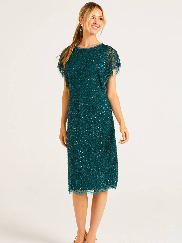 Abito midi verde smeraldo con maniche a volant e paillettes. per la vendita all'ingrosso da parte di ANGELEYE