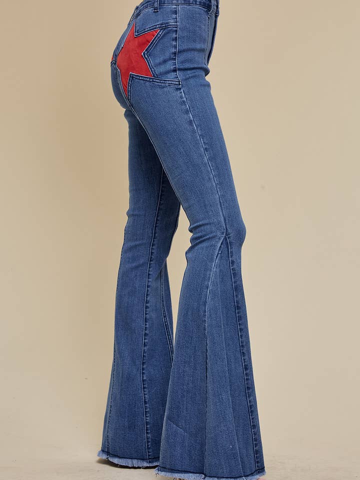 Saints & Hearts – wholesale Jeans – Women’s – SIP6225A DENIM/RED SUEDE STARS FLARE DENIM JEANS - WESTERN