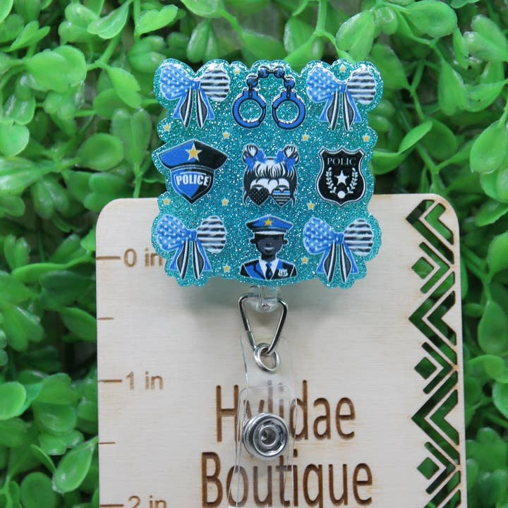 Police Collage Badge/ID Holder Reel for wholesale by Hylidae Boutique