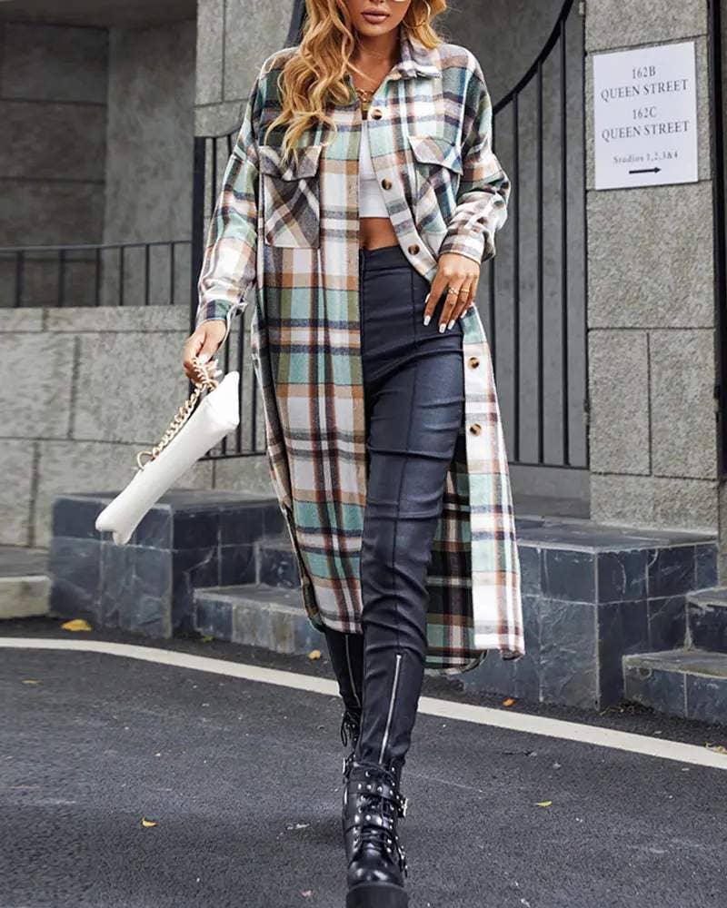 VERDE chaqueta larga estampada con botones y hombros descubiertos de venta al por mayor en Faire5