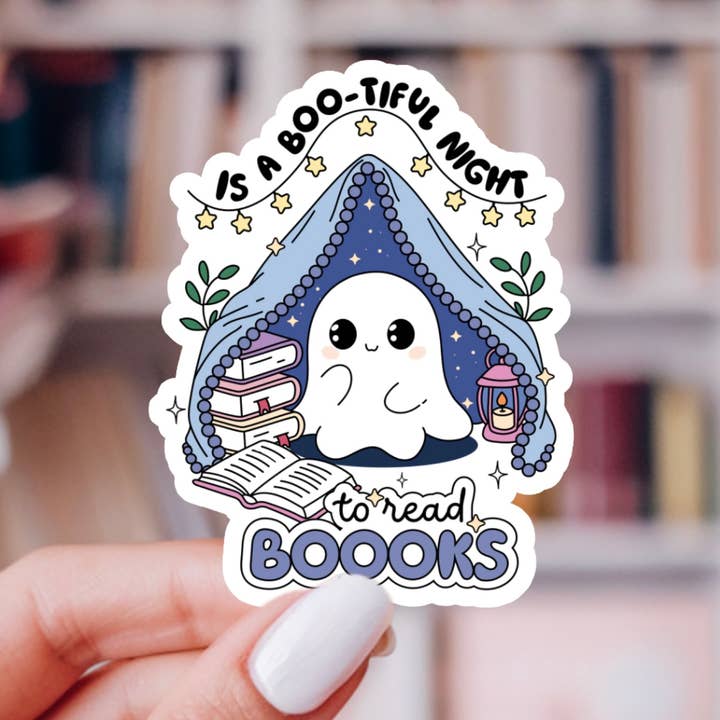 Bootiful Night To Read Sticker – Bookish Ghost, Glossy Vinyl for wholesale by Indie Heart Studio