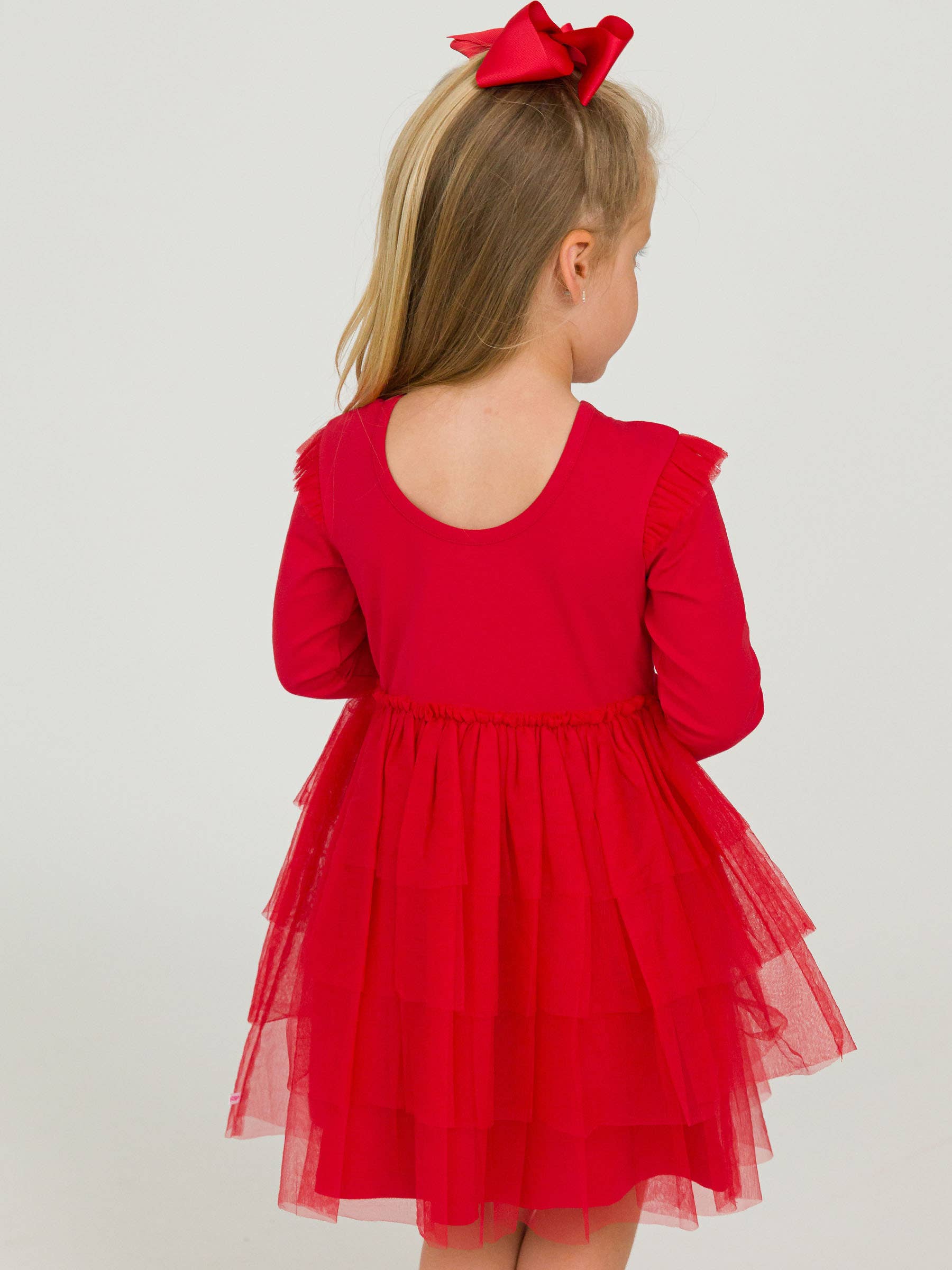 Girls Red Flutter Tulle Long Sleeve Twirl Dress for wholesale on Faire2