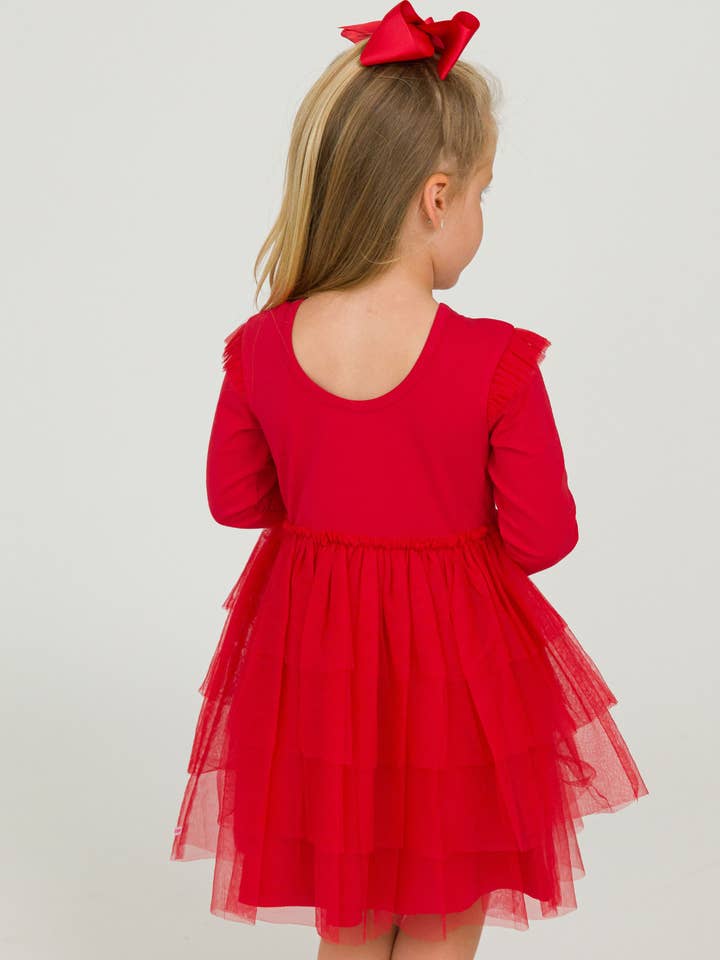 Girls Red Flutter Tulle Long Sleeve Twirl Dress
 for wholesale on Faire0