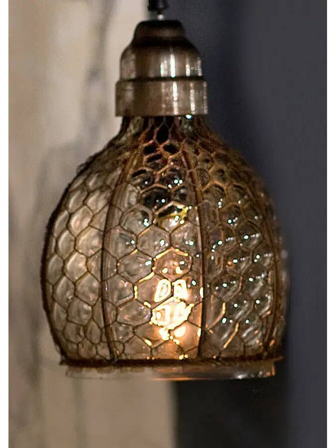 Chicken Wire and Glass Wide Pendant for wholesale by Vagabond Vintage