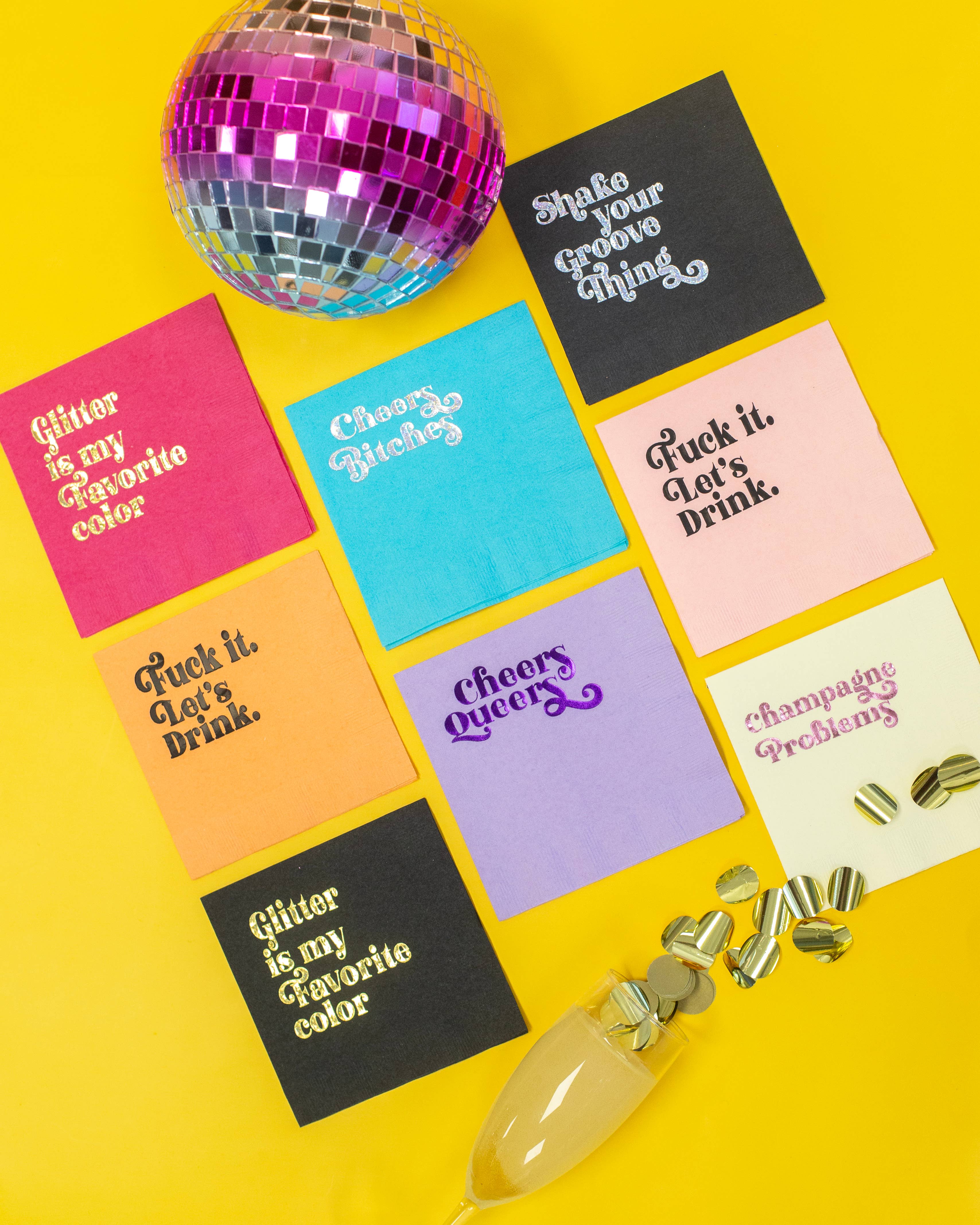 Mod Lounge Paper Company – Großhandel Einweg-Serviette – Scheiß drauf, lass uns Pink trinken Lustiger Text Folien-Cocktailserviette2