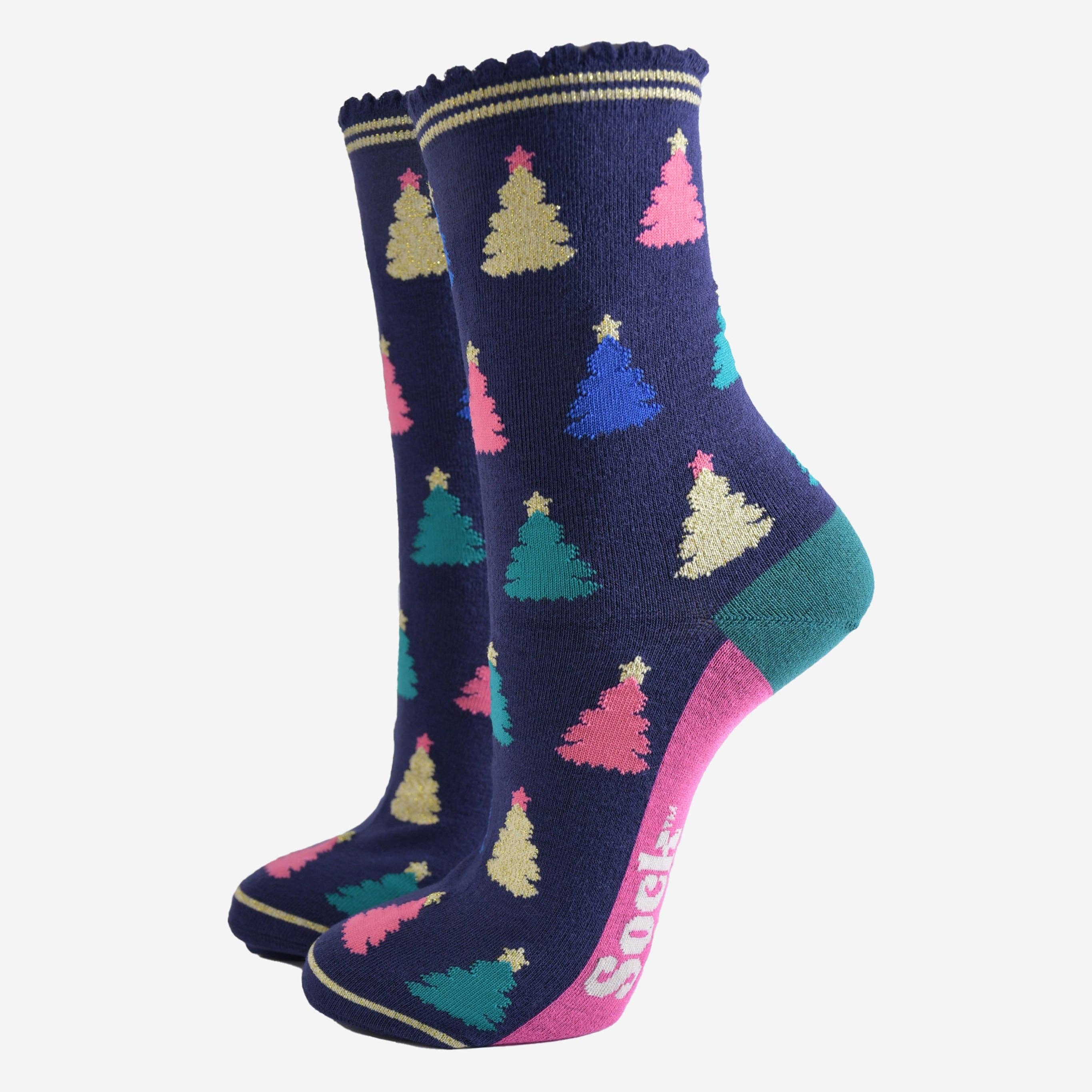 Sock Talk – Großhandel Socken – Damen – Bambussocken für Damen, Marineblau/Rosa, Weihnachtsbaum0
