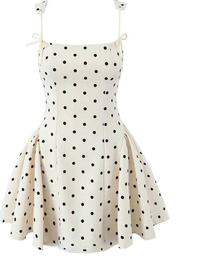 Women's White Polka Dot A-Line Mini Dress With Bow Strap Detail for wholesale by Sun Imperial