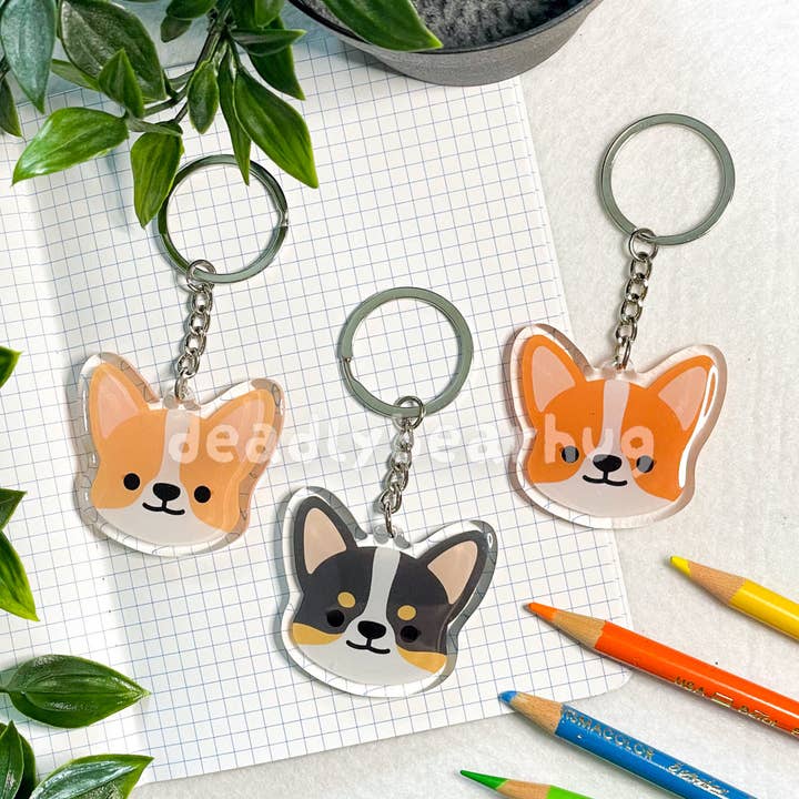 Corgi Dog Double-Sided Epoxy Acrylic Keychain / Fawn Red Tricolor Black for wholesale by deadlybearhug