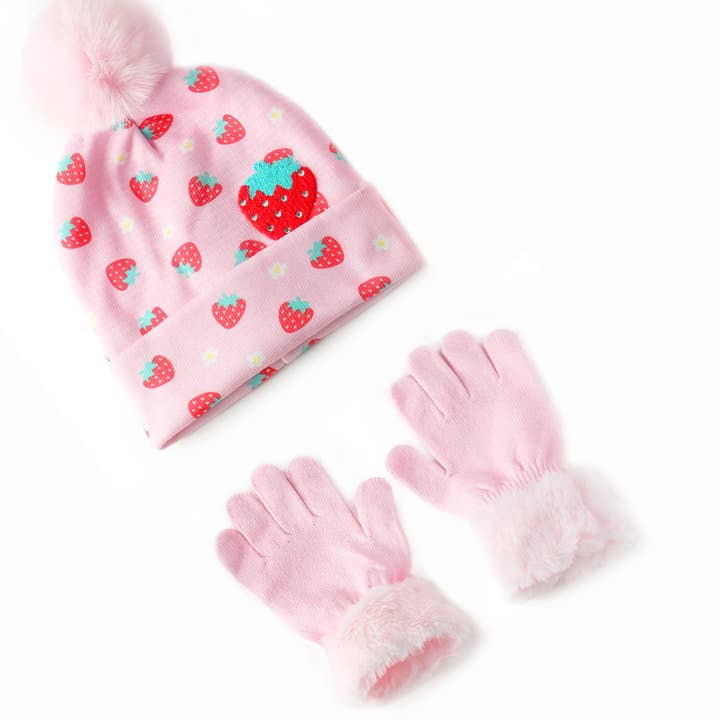 Erdbeerbedrucktes Hut- und Handschuhset für den Großhandel von OMG Accessories