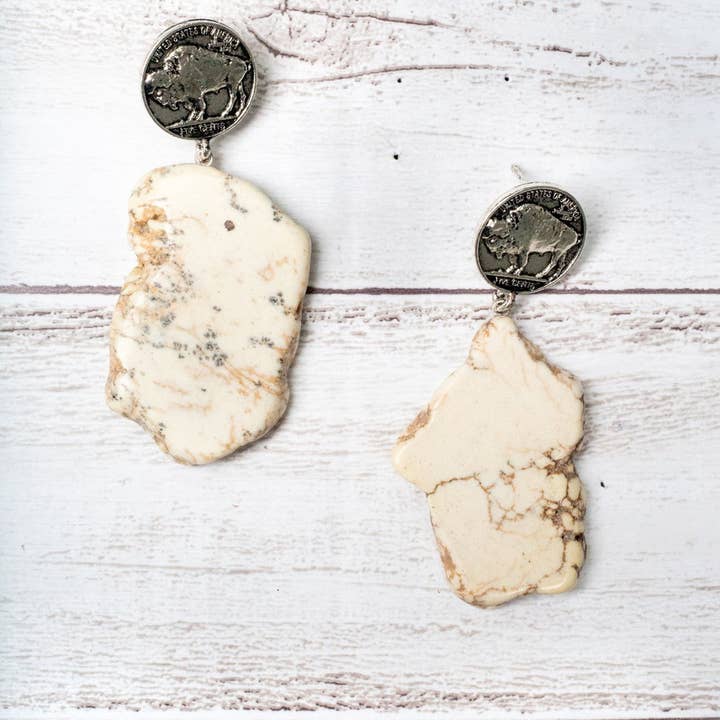 White Howlite Rock Slab With Buffalo Nickel Coin Fashion Earrings for wholesale on Faire