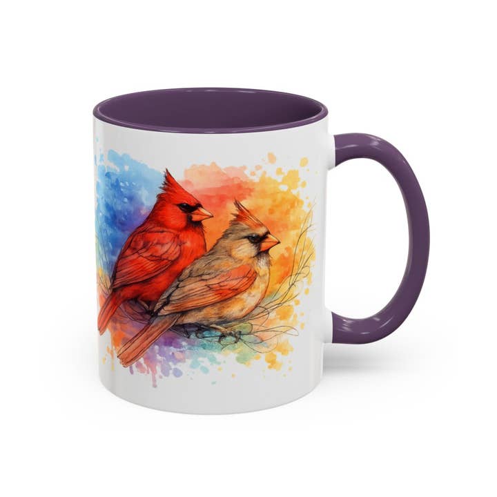 Watercolor Cardinal Couple Mug, Colorful Bird Coffee Cup for wholesale by Upside Down Owl Farm