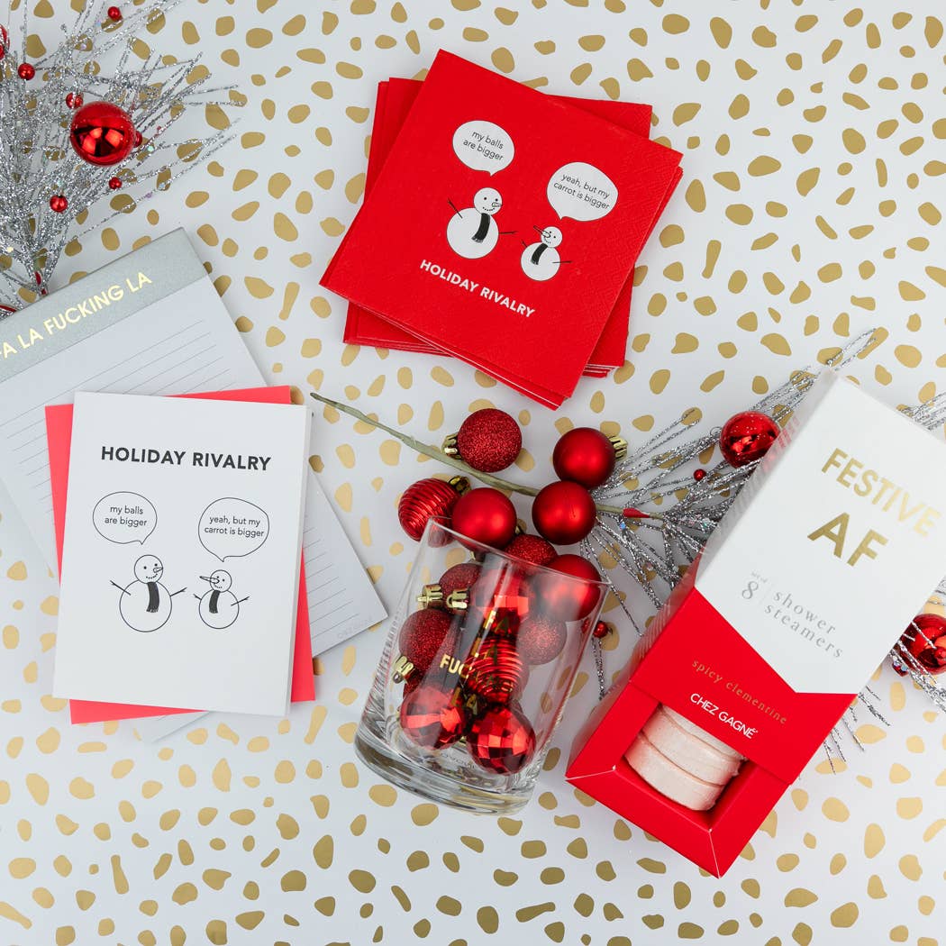 Chez Gagné – Großhandel Weihnachtskarte – Schneemann-Feiertagsrivalität - Kugeln sind größer/Meine Karotte ist größer - Lustige Feiertagskarten2