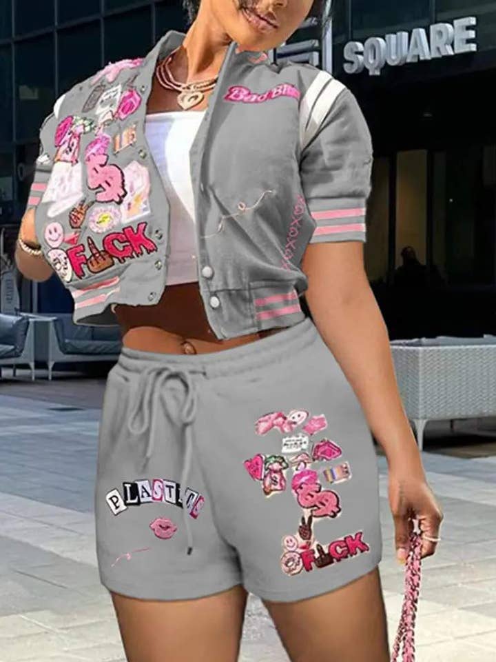 Flarix - Wholesale Top & Short Set (NOT Loungewear) - Women's - letter graphic pattern baseball top shorts set23