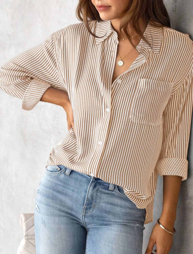 safistyle - Wholesale Button Down Shirt - Women's - Button-Up Collared Striped Shirt2