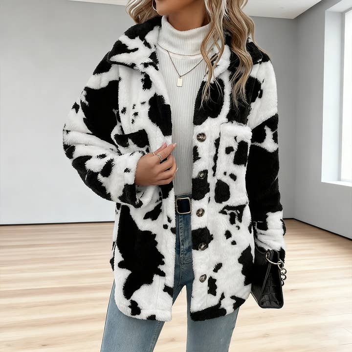 Double-sided plush casual cow pattern cardigan for wholesale by Lily Clothing