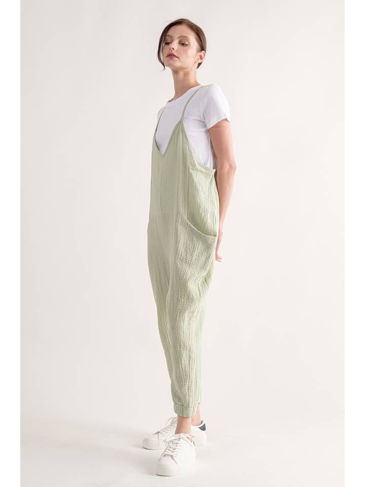SAGE Casual Cotton Puff V-Neck Jumpsuit WMJ2892 for wholesale on Faire