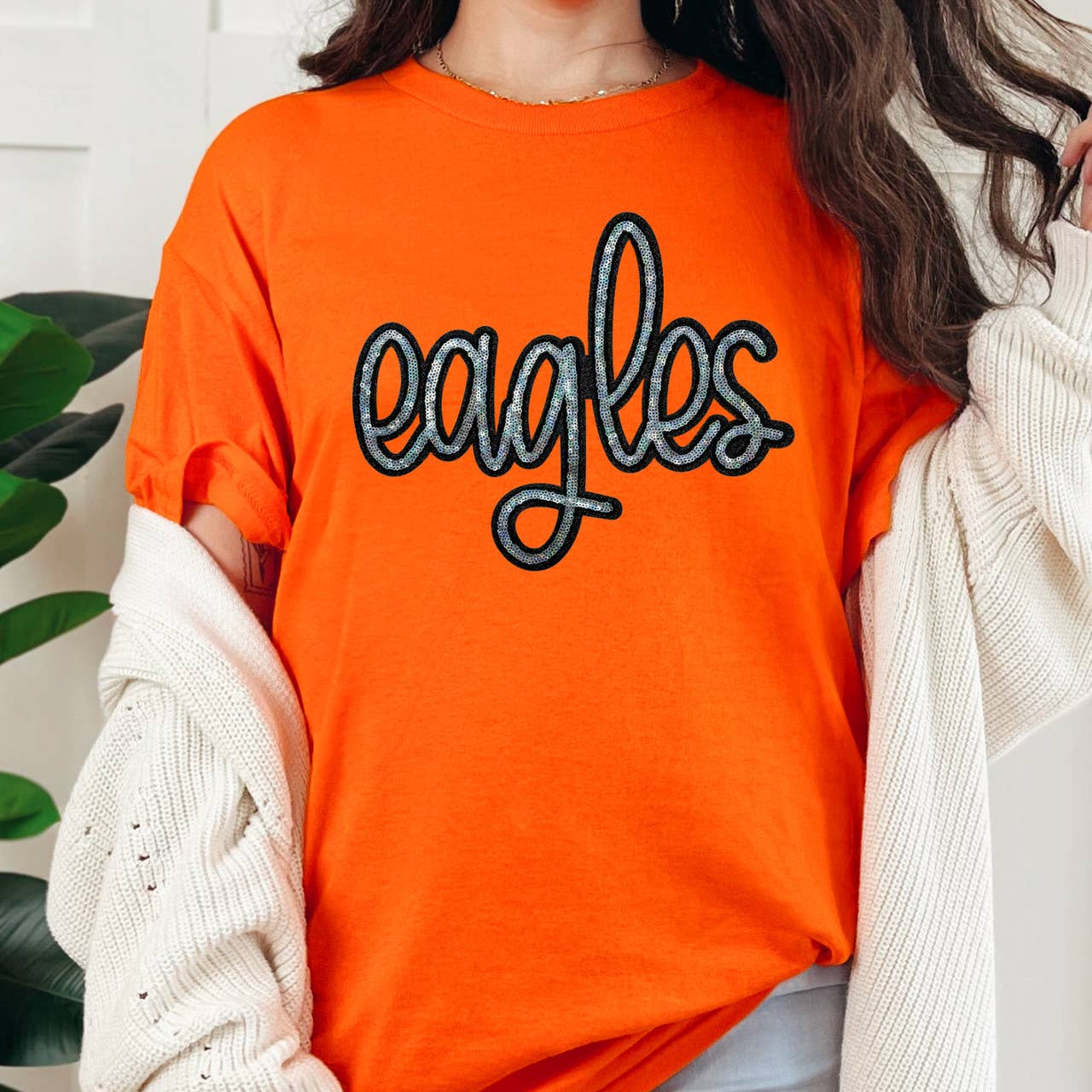 Trendy Tee Co. - Wholesale T-Shirt - Women's - Eagles Sequin Patch Orange Everyday Tee0