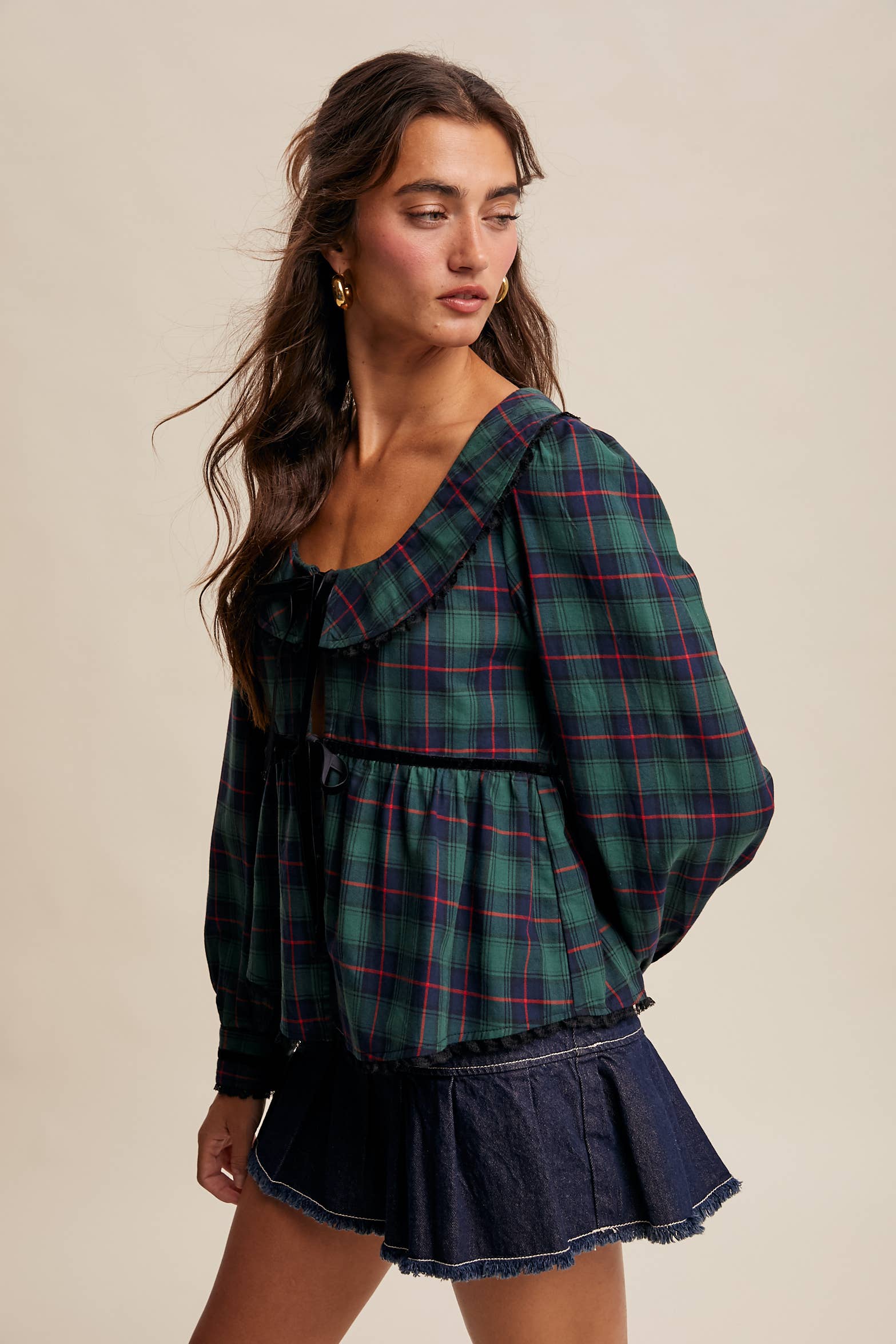 Listicle - Wholesale Blouse - Women's - Plaid Velvet Trim Holiday Blouse LT144614