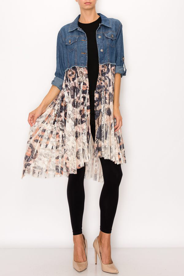 PT Leopard CROPPED DENIM JACKET WITH LACE LAYER-4510 DENIM/LEO for wholesale on Faire1