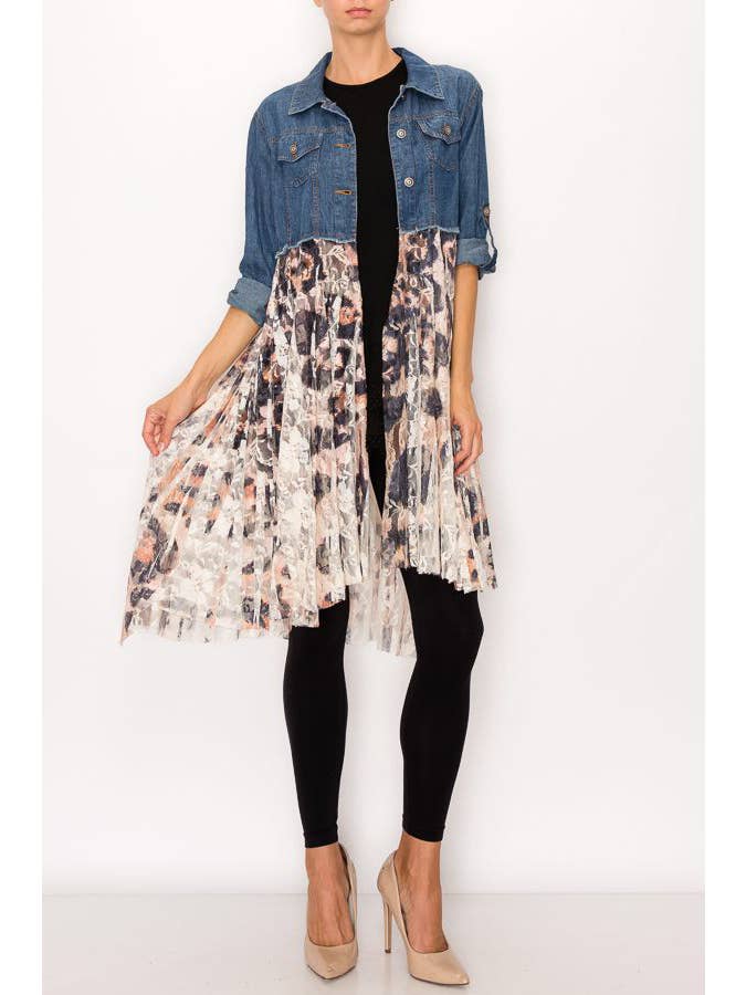PT Leopard CROPPED DENIM JACKET WITH LACE LAYER-4510 DENIM/LEO for wholesale on Faire1