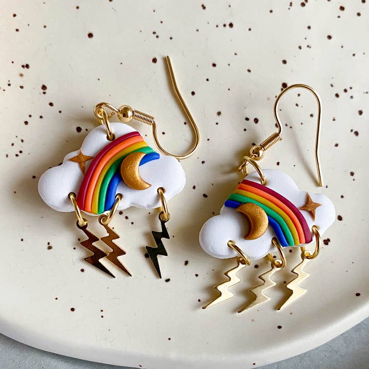 Rainbow Cloud Lightning Storm Dangly Clay Earrings for wholesale by Peripheral US