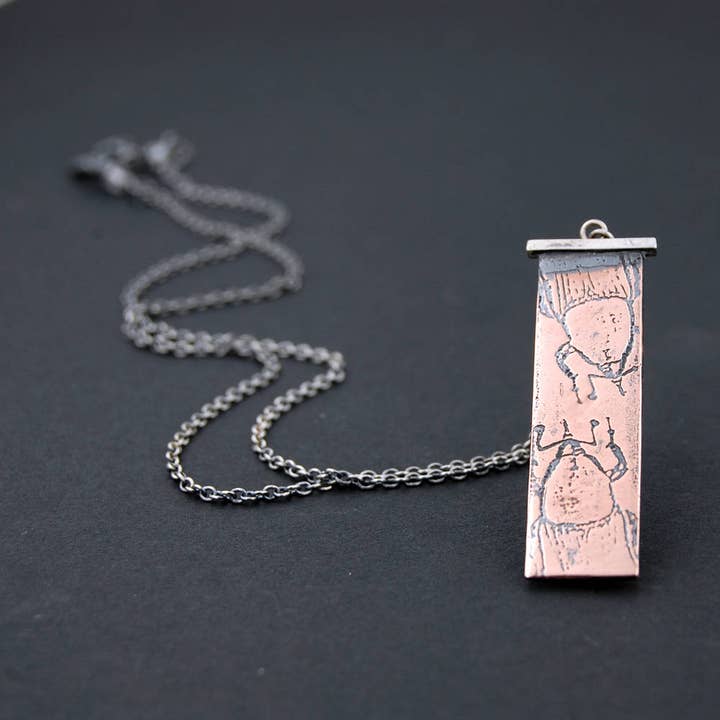 Metal Cloth & Wood – wholesale Pendant/charm necklace – Handmade Palm Weevil Insect Necklace in Sterling Silver & Copper