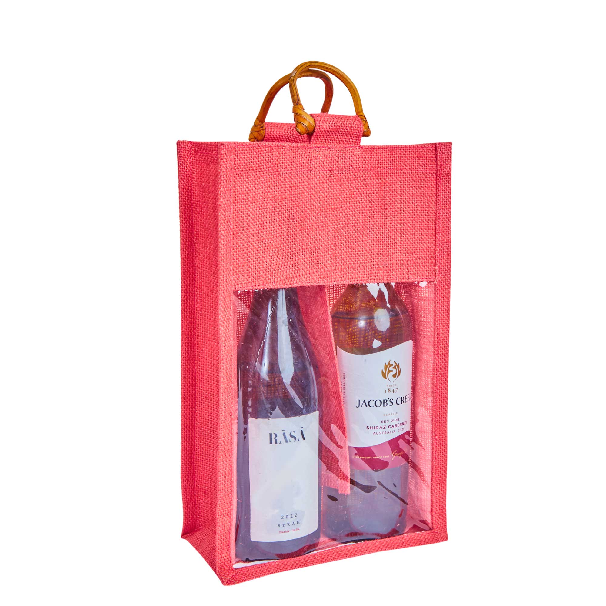 ecojutebags – wholesale Wine gift bag – 6-Pack Burlap Wine Bags with Cane Handle & Clear PVC Window11