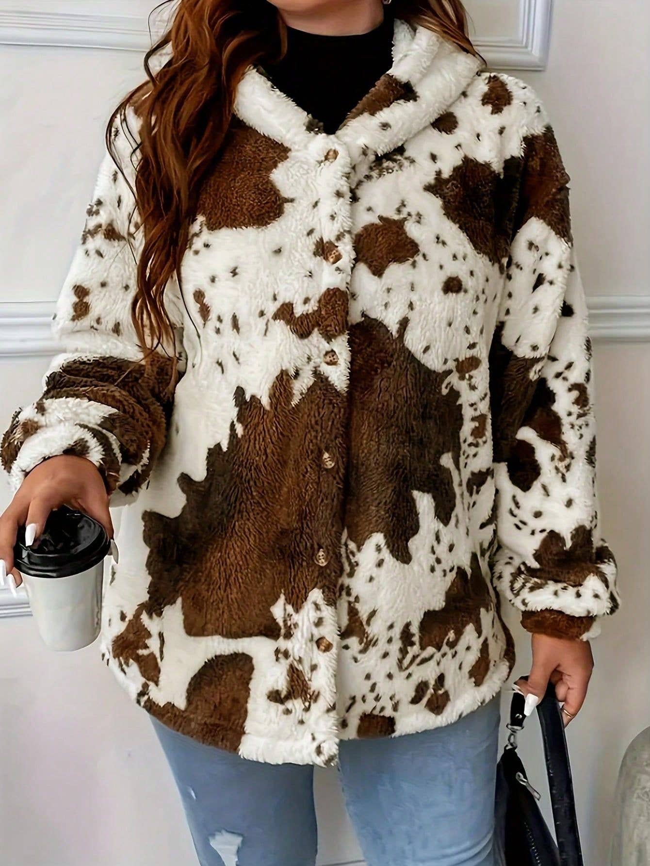 BROWN FASHION PLUSH FEMALE COW PRINT ZIPPER HOODIE for wholesale on Faire3