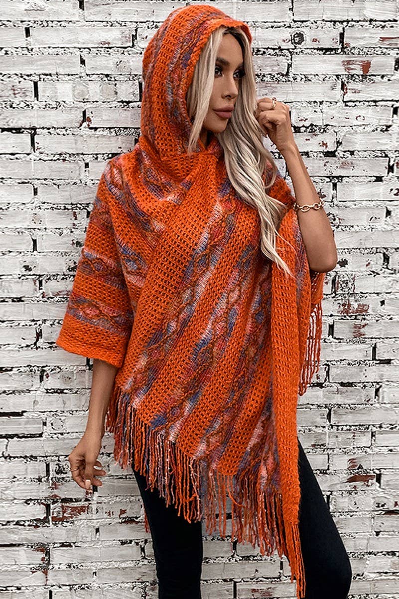 NINEXIS - Wholesale Knit Sweater - Women's - CWOSWS0091_STRIPED HOODED KNITTED FRINGED CAPE SHAWL1