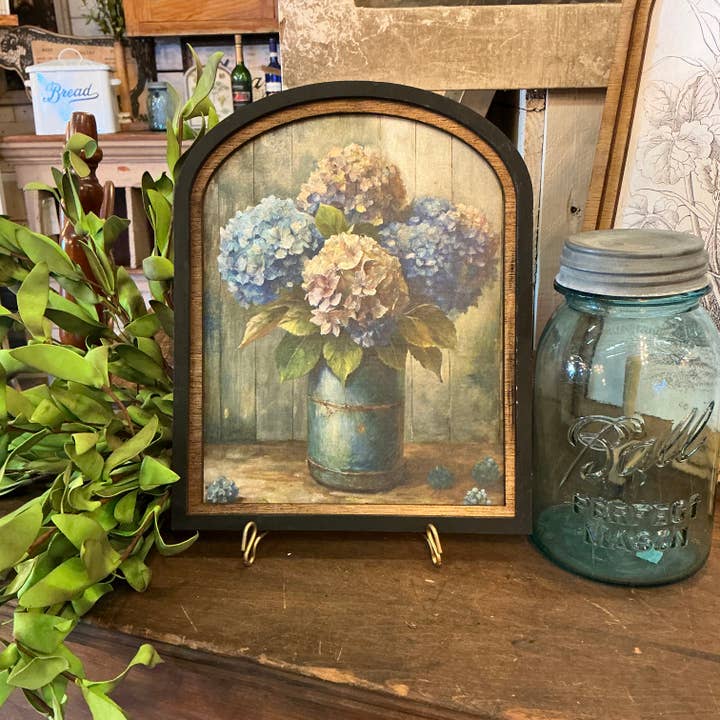 Hydrangea Flowers in Mason Jar Arched Frame for wholesale by LAND OF COTTON