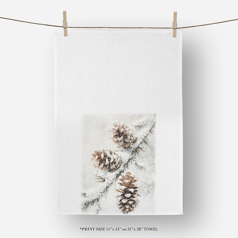 White Winter Pinecone Tea Towel for wholesale on Faire3