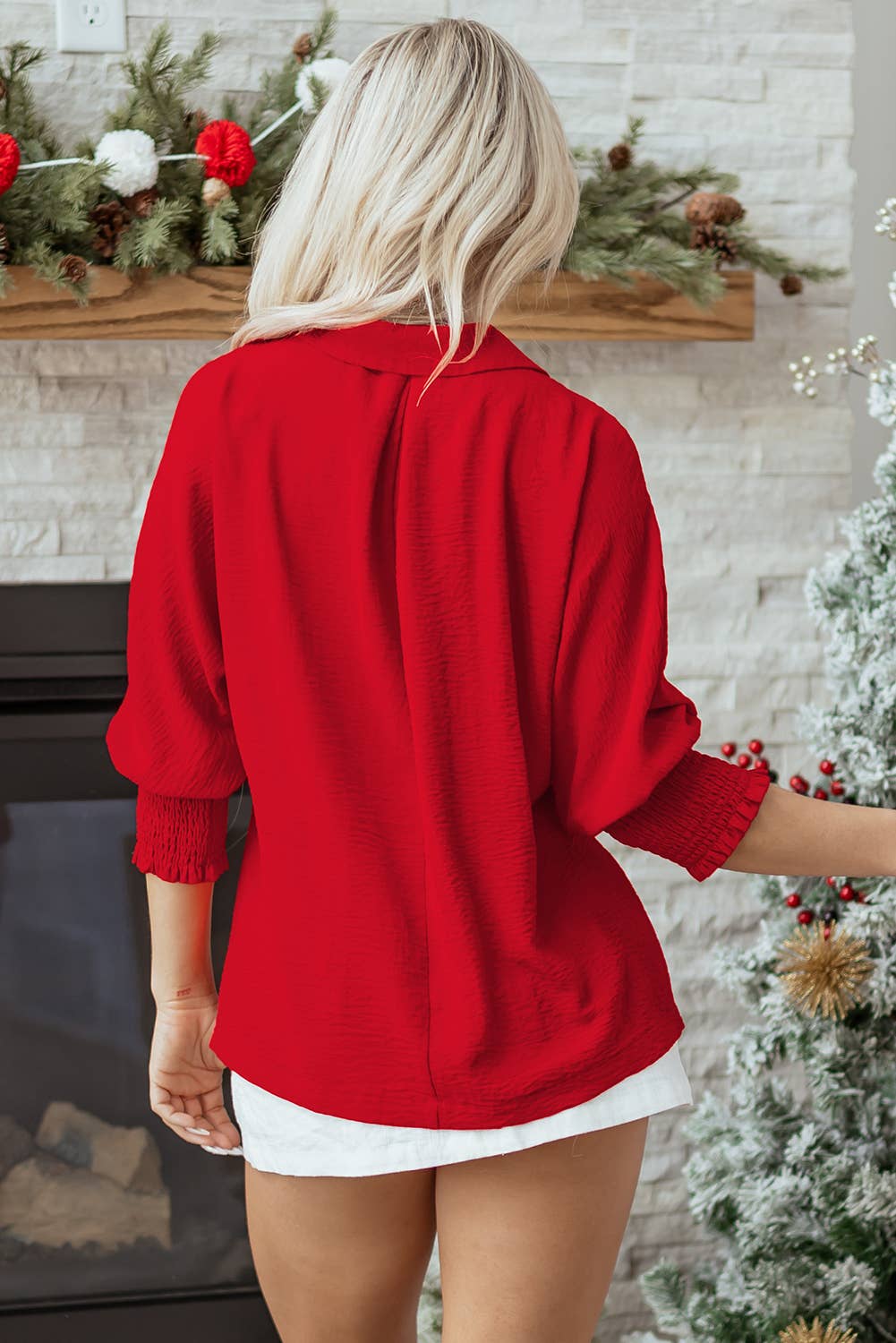 As shown Red Shirred Collared 3/4 Sleeve Oversize Tunic Top  | S-4X for wholesale on Faire8