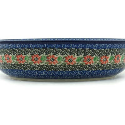Polmedia Polish Pottery - Wholesale Baking Dish - Round Baker with Handles Medium Red Zinnia Theme