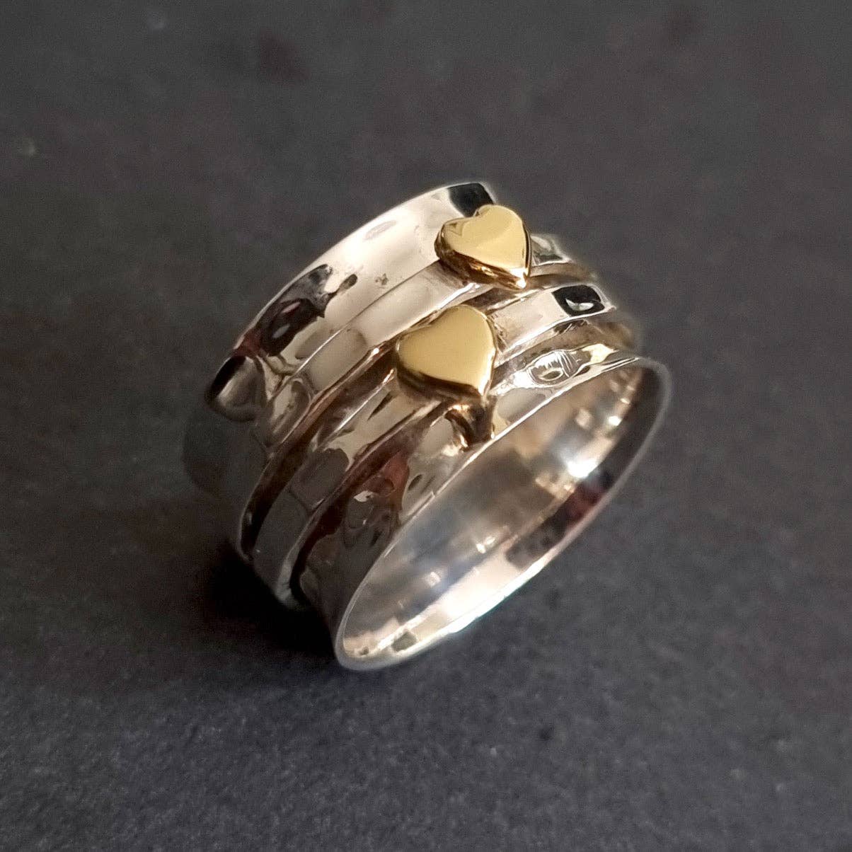 Mistry Gems – wholesale Band/stacked ring – Wide Gold Heart Spinner Ring | 925 Sterling Silver & Brass, SP056