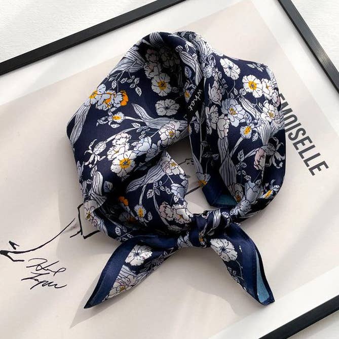 Navy Blue Chiffon Flower 100% mulberry Silk Scarf/Silk head scarf/Silk hair scarf/Silk neck scarf/Mother's Day Gifts/Bag Accessory/Gift for her for wholesale by SueSilkHK
