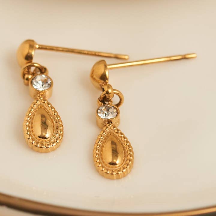 Waterproof Earrings Narelle Teardrop Dangle Drop 18K Gold for wholesale by Elsie & Zoey