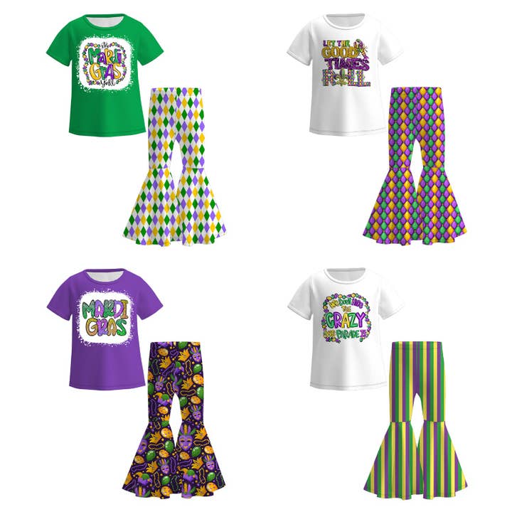 2026 Spring Girls Mardi Gras Print Short Sleeves Top+Pant Set for wholesale by Auraquise
