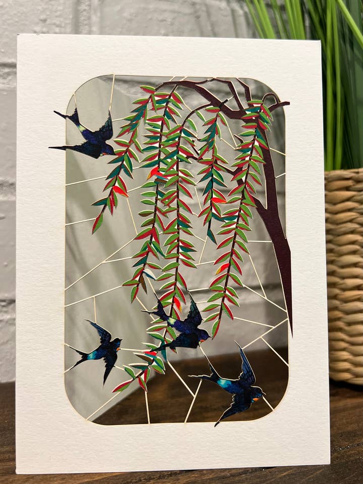 Swallows in Willow tree laser cut card for wholesale by Shadywood Designs