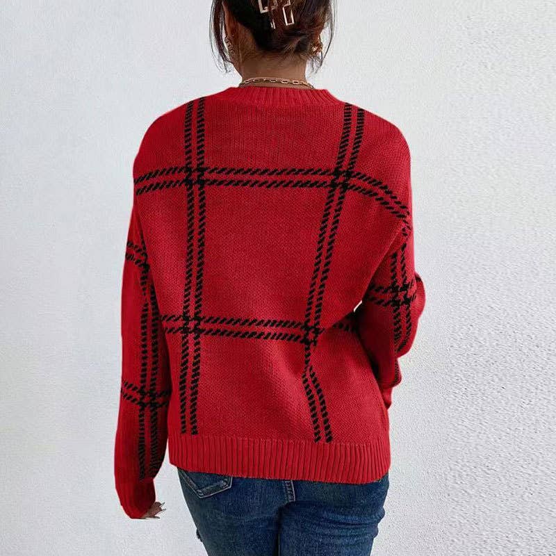 Anna Kaci Wholesale – wholesale Knitted jumper – Women′s – Plaid Pattern Crew Neck Long Sleeve Knit Sweater12