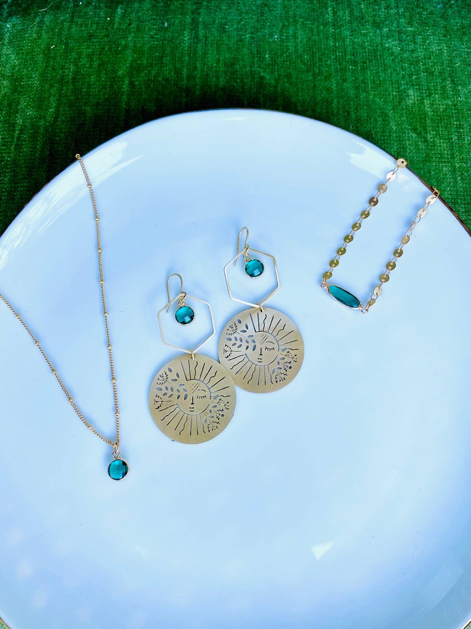 Moxie Collective (formerly Atonement Design) - Wholesale Dangle Earrings - Brass Garden Sun Earrings in Sea Green2