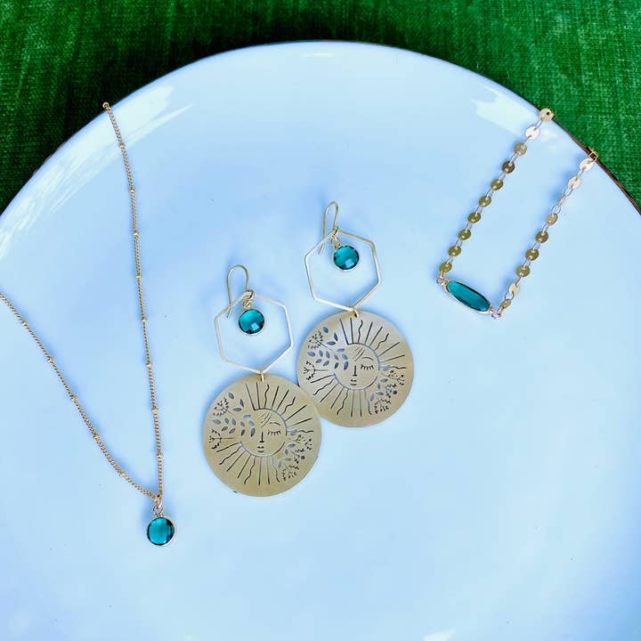 Moxie Collective (formerly Atonement Design) - Wholesale Dangle Earrings - Brass Garden Sun Earrings in Sea Green2