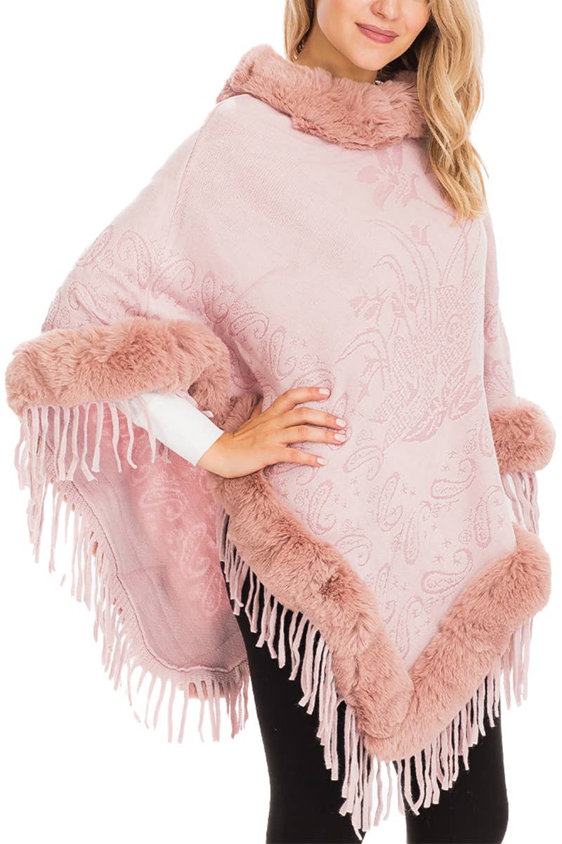 Cap Zone – Großhandel Poncho – Damen – Poncho mit Paisley geprägtem Kunstpelzfutter und Rollkragen0