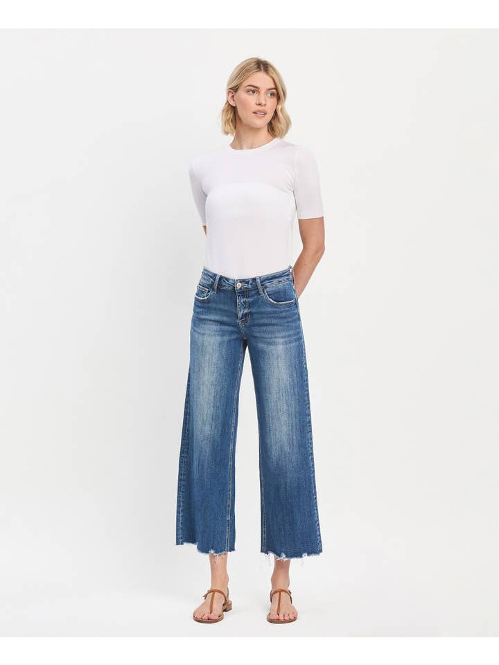 MESMERIZES MID RISE MEDIUM DARK WASH RAW HEM WIDE JEANS LV1246 for wholesale on Faire